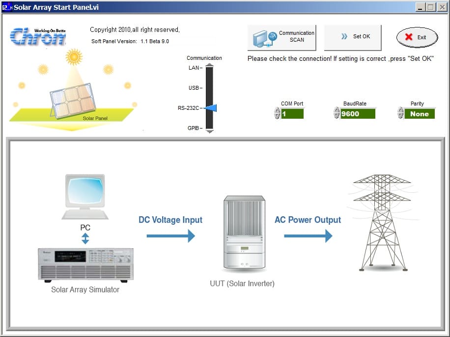 62000H Solar Array Simulator Softpanel start communication panel.