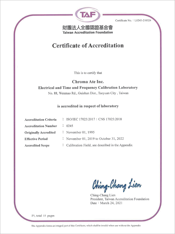 TAF-Electrical and Time and Frequency Calibration Certificate