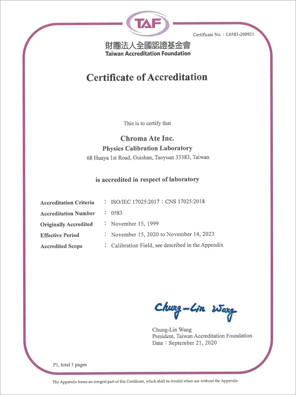 TAF-Physics Calibration Certificate