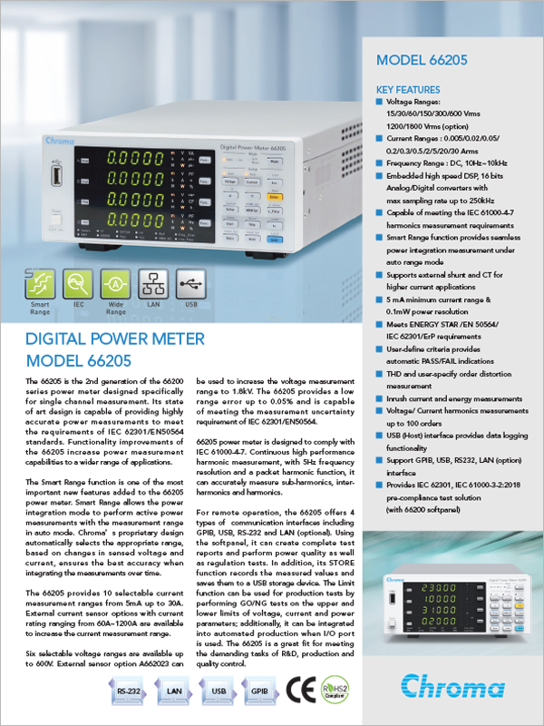 Datasheet-Digital Power Meter, 30A-Chroma 66205