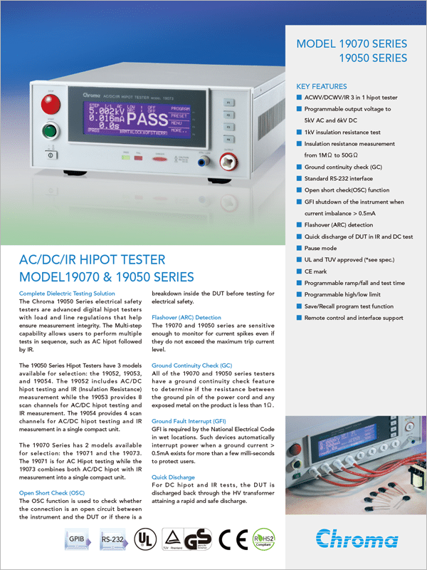 Datasheet | Sentry Hipot Tester AC/DC/IR – 19070/19050