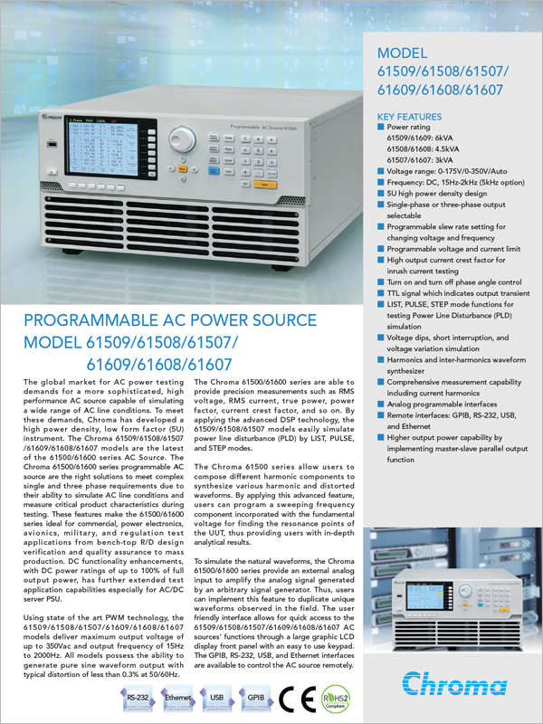 Datasheet | Programmable AC Power Source Model 61509/61508/61507