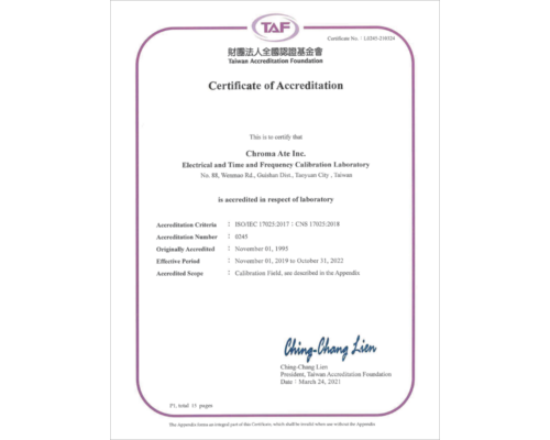 TAF-Electrical and Time and Frequency Calibration Certificate
